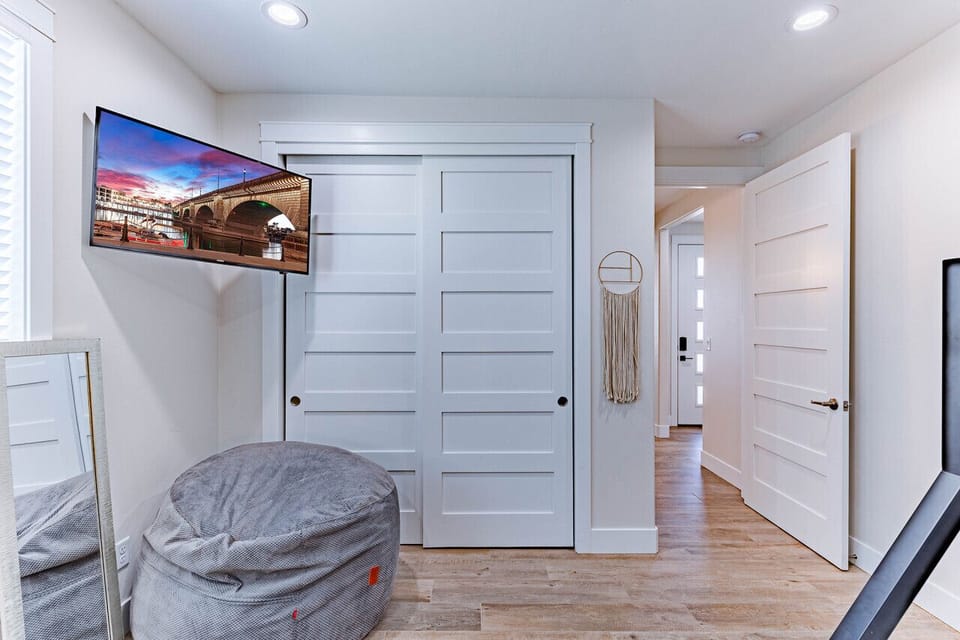 Twin over full bunk bed, twin bed, bean bag unzips into a full mattress, Smart TV, closet