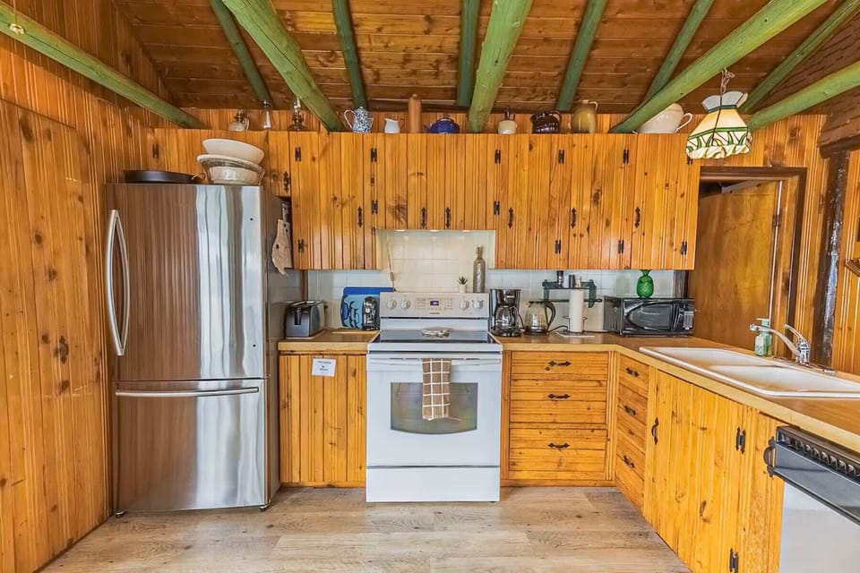 Kitchen with stainless steel fridge and ample wooden cabinetry