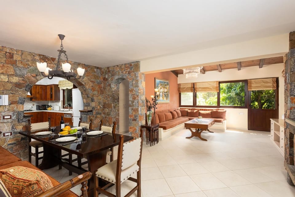 Open-plan living room with sofas, dining area, kitchen, ornamental fireplace, A/C, WiFi internet, and satellite TV