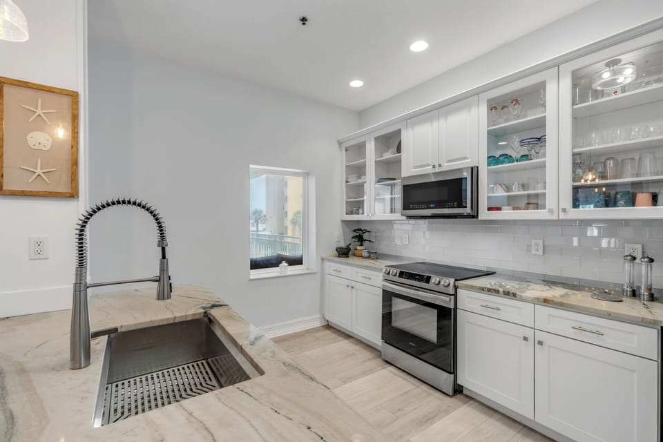 Kitchen with all stainless steel appliances 