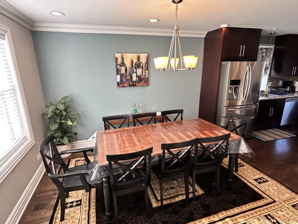 Dining room table seats 8 people.