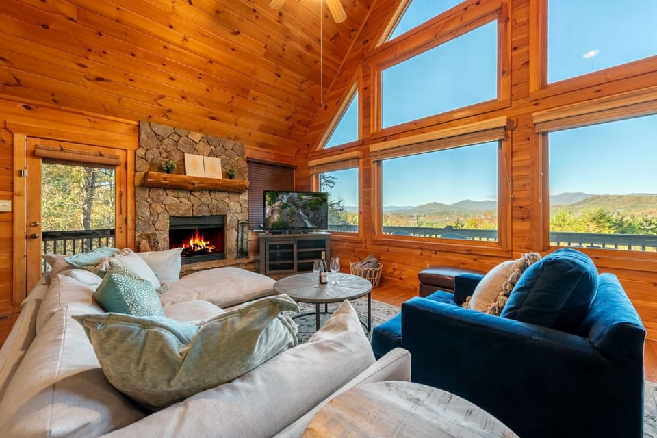 Living room with a mountain view