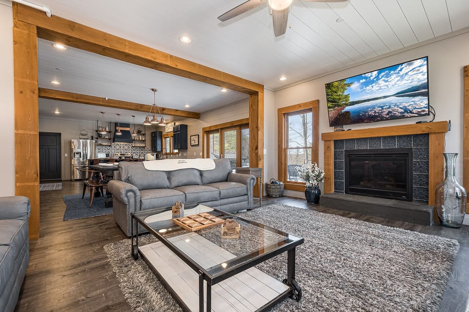 The great room has a cozy gas fireplace.