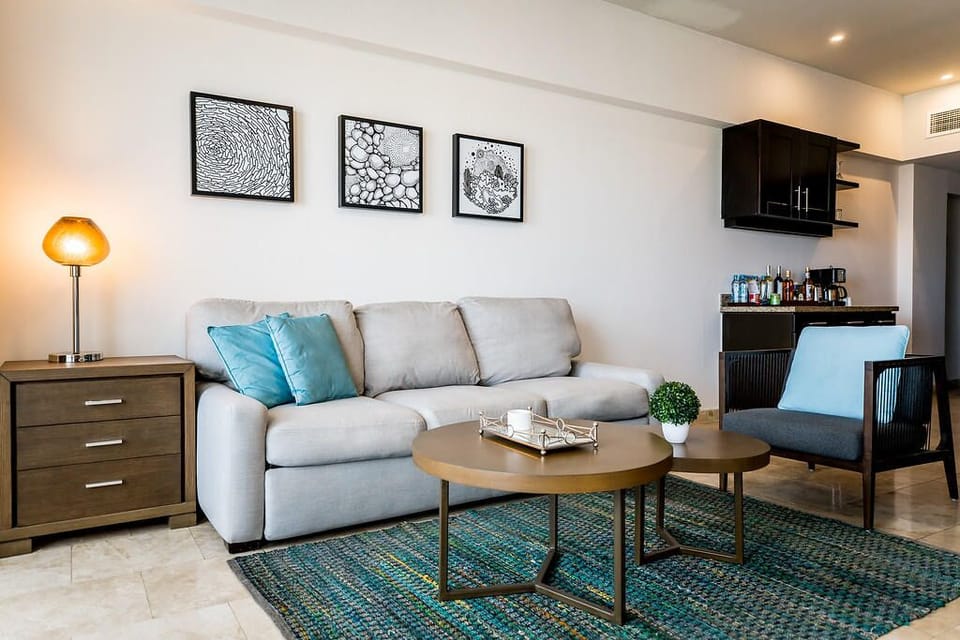 Relax with stylish seating and easy in-room entertaining.