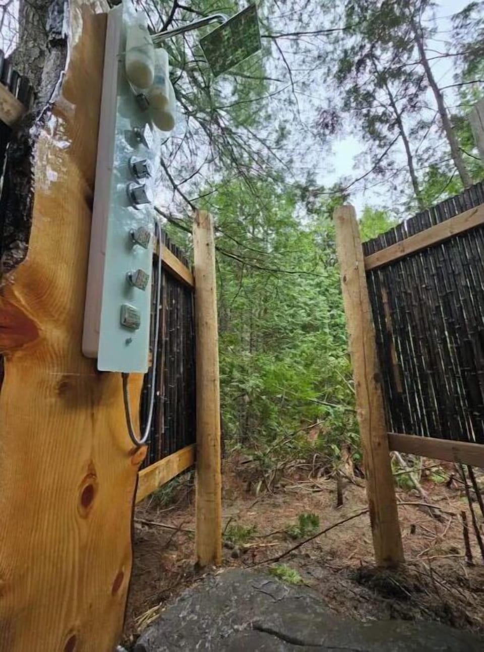 A unique outdoor shower right by the cabin