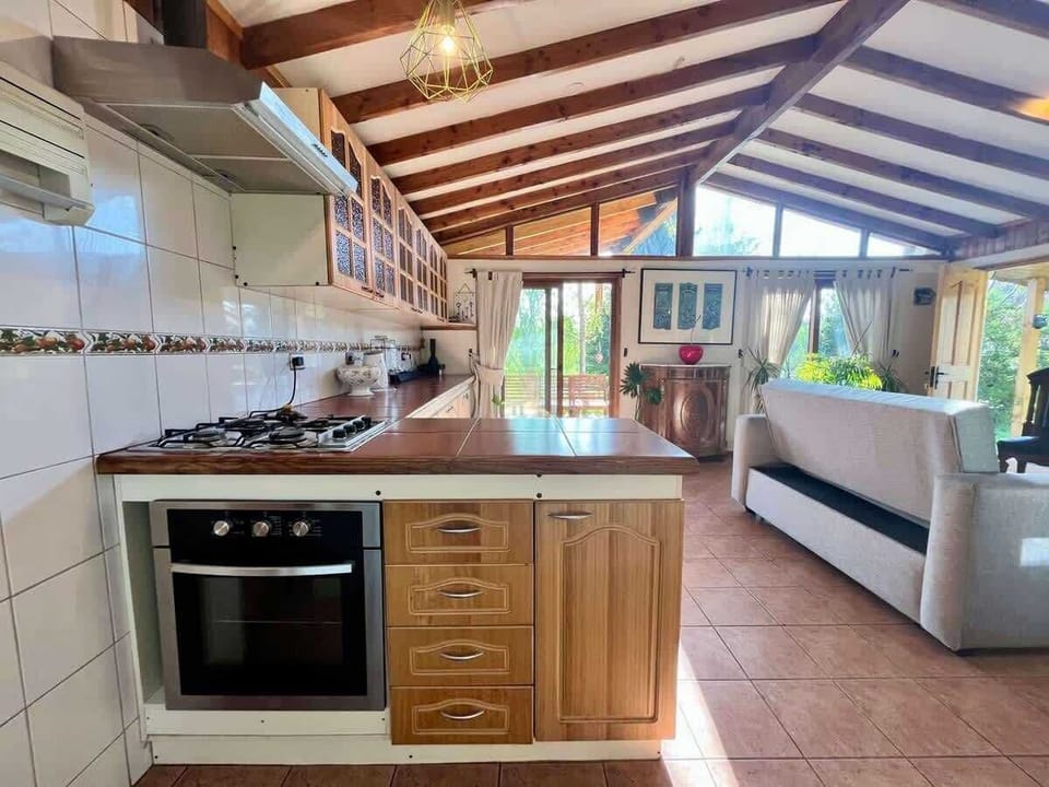 Oven & gas stove setup in a bright kitchen w/ direct terrace access