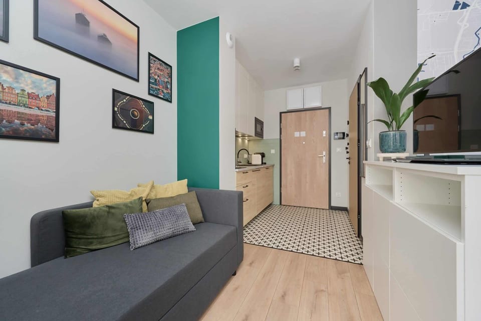 Studio with a double bed, a single sofa bed, TV and kitchenette.
