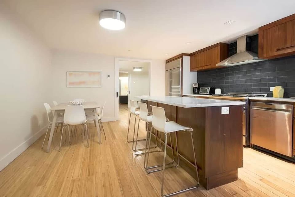 Dining room with kitchen island.