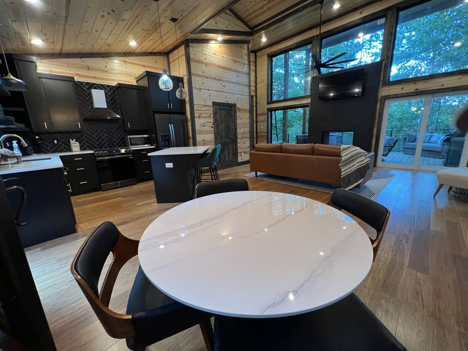 Open dining, kitchen and living room.