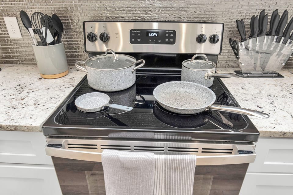 Pots, Pans, knives set, and kitchen utensils
