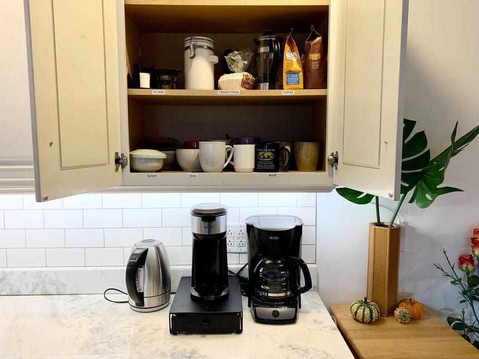 Coffee brewing  option from kcup, french press, areopress(ask us how) or just simple traditional pot! we provide you teas, kcups, coffees, sugar, filters, mugs, etc.  Getting your morning ready for all kinds of adventures !!