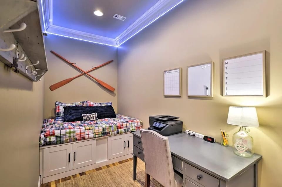 Bunk Room/Office: In between master bedroom and master bathroom, full size bed with storage, nightlight and LED strip.  It's the perfect spot for little kids who want to be close to their parents, but independent enough to be in their own bed.  Pack N Play also available.