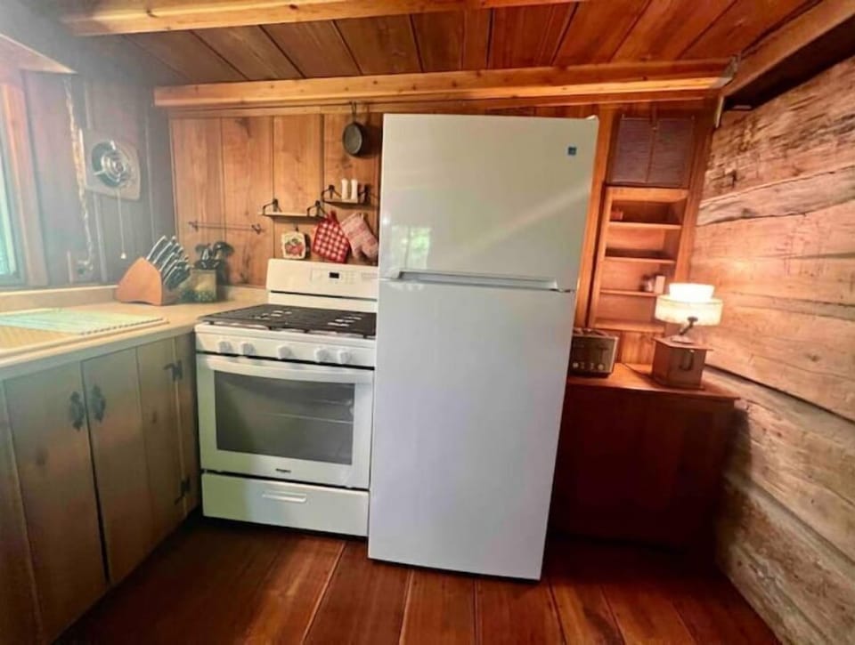 The kitchen includes a gas stove and a full size fridge.