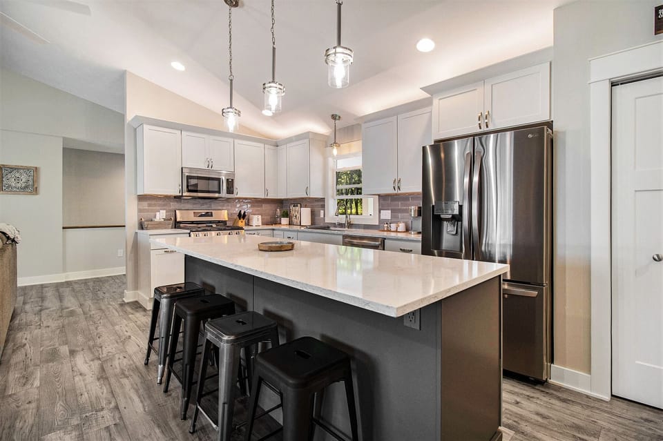 Fully stocked kitchen and 8 ft. island.