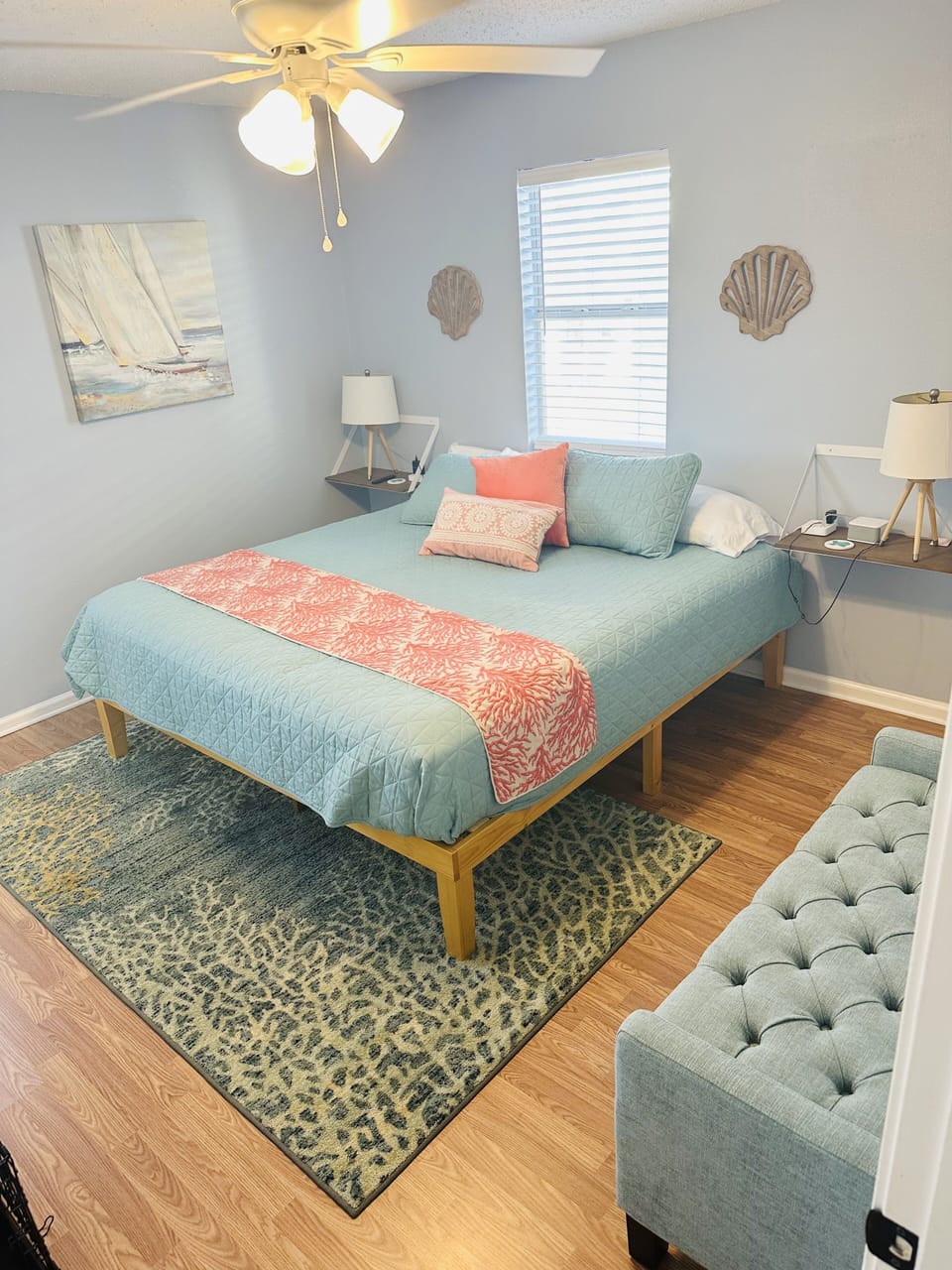 Master with NEW king hybrid mattress.  Full mirror &  bench. 50” with YouTubeTV.