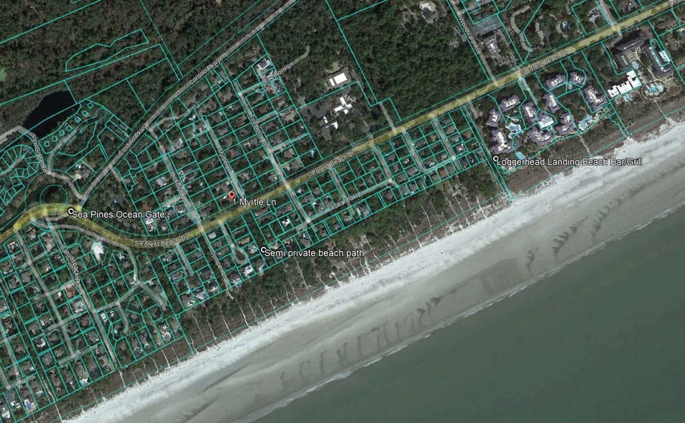 semi private beach path, proximity to Sea Pines and Loggerheads beach bar/grill