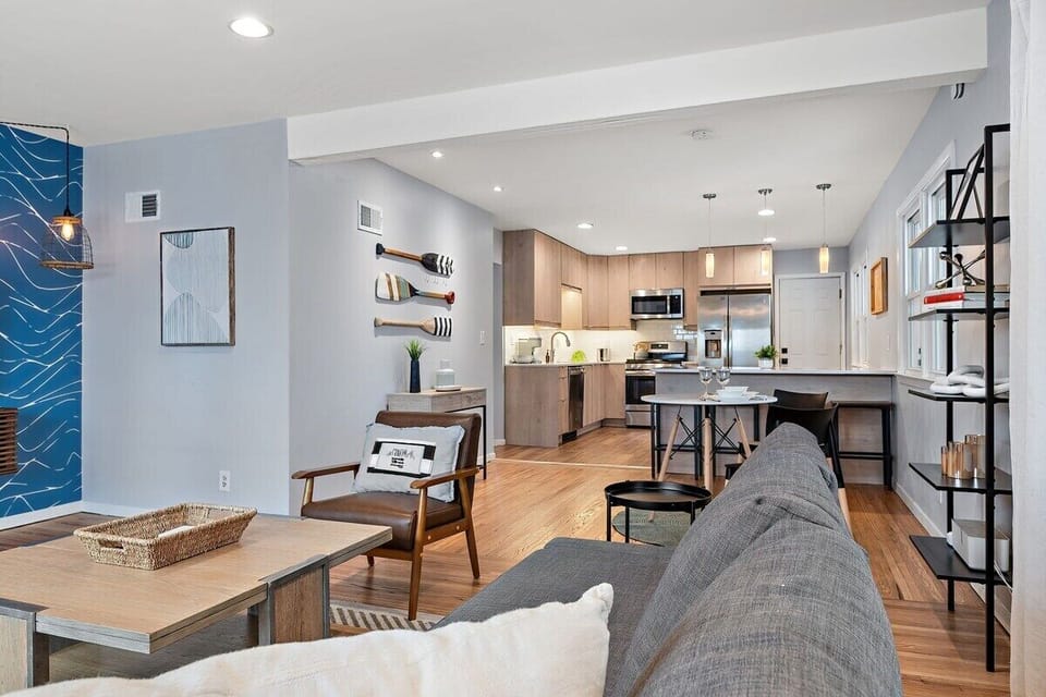 Living room, dining area and kitchen
