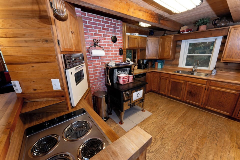 Charming rustic kitchen at the Forest Lodge near Silverwood Theme Park.