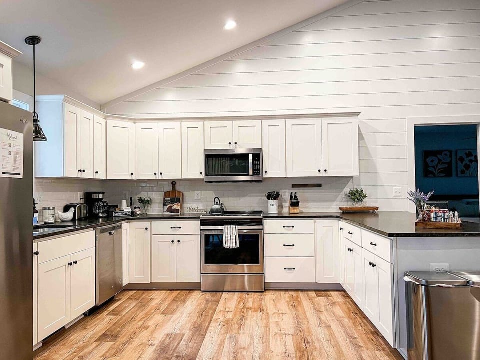 Modern kitchen with vaulted ceilings