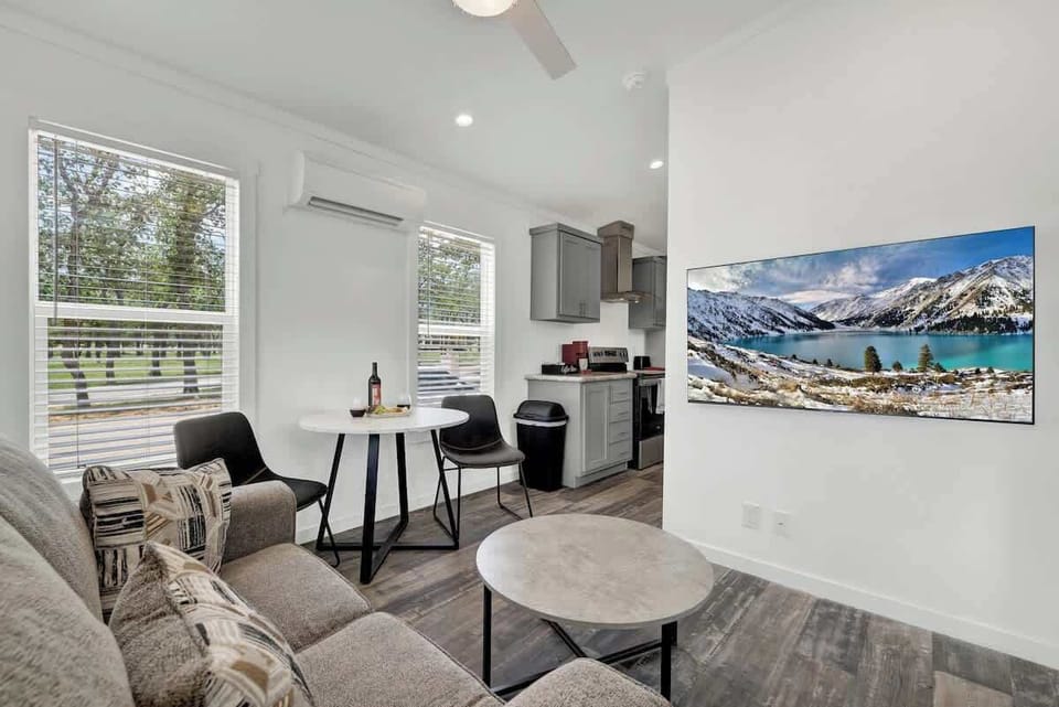 
The living room features a comfortable couch, perfect for relaxation.