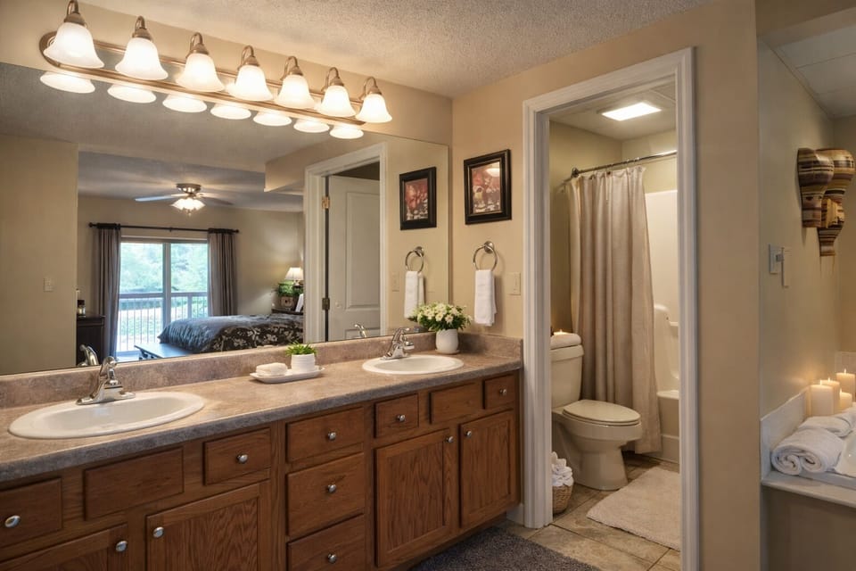 Spa-inspired bathroom with double vanity and jacuzzi tub — unwind after hiking in the Great Smoky Mountains National Park.