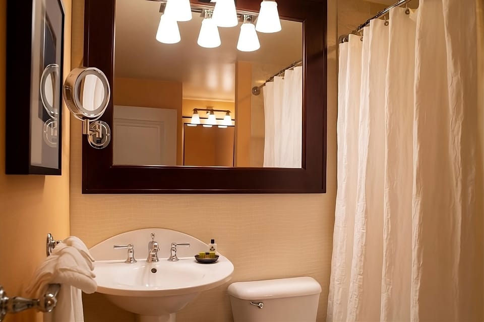 Get ready with a large mirror and well-lit vanity area.