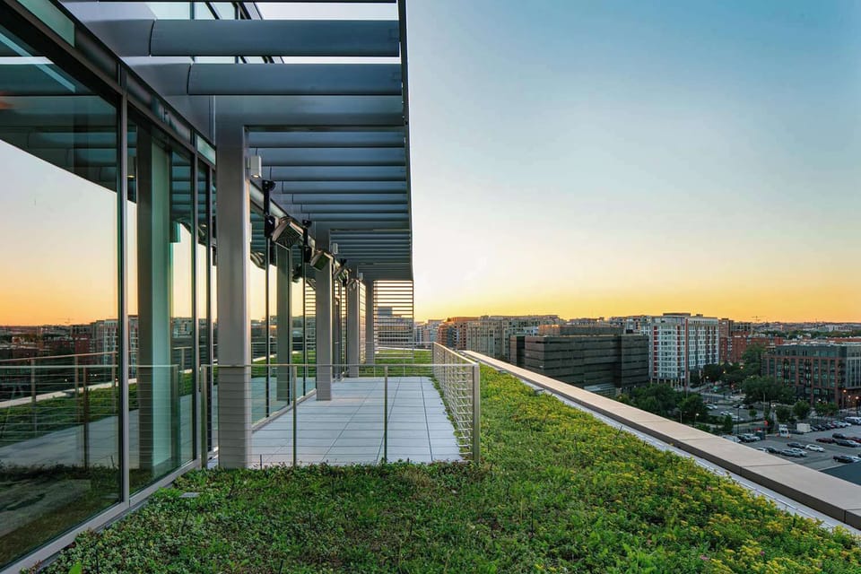 Sip and linger with skyline views along the green rooftop.