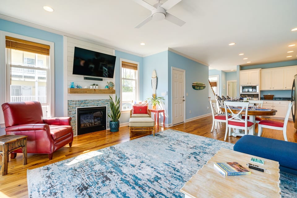 Living Room | Steps to Public Beach Access | Fireplace (Decorative Only)