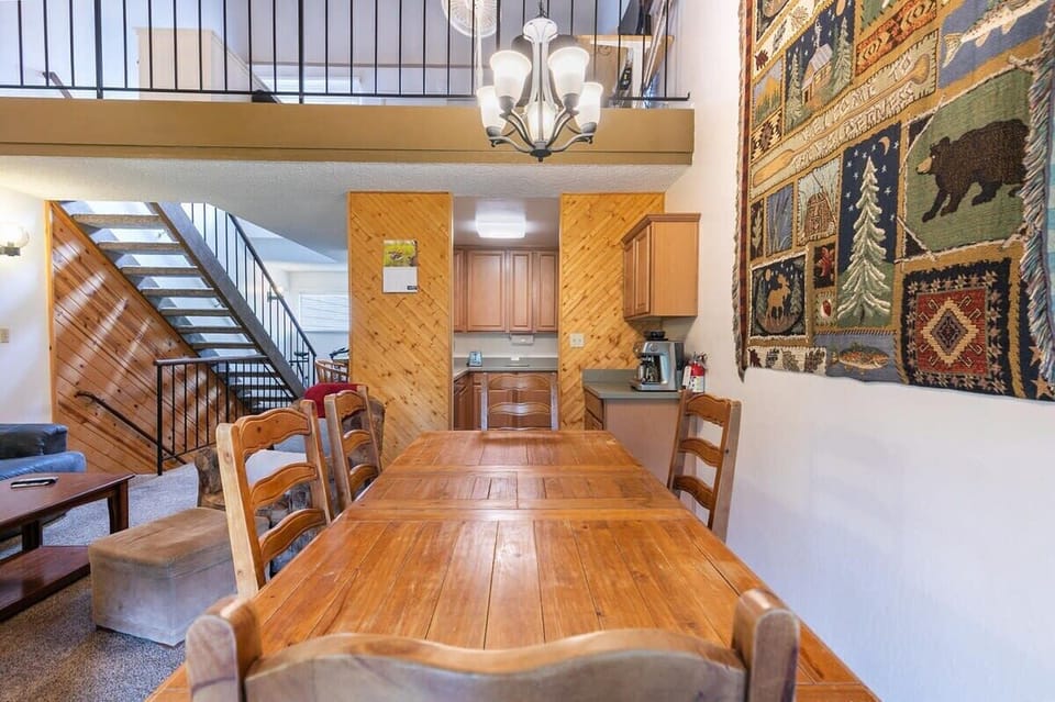 The view into the kitchen from the dining table.
