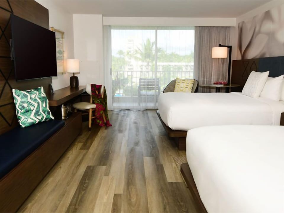 Settle in with a workspace and easy in-room entertainment.