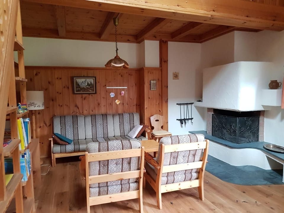 Living room with open fire place