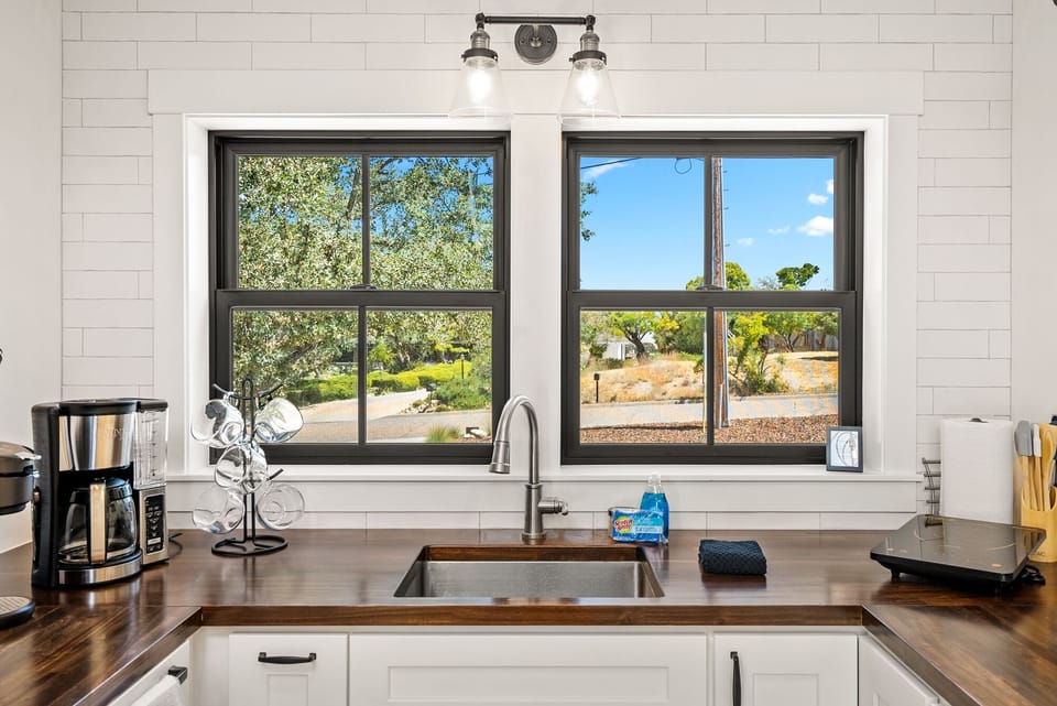 Rich woods and a view in the kitchen