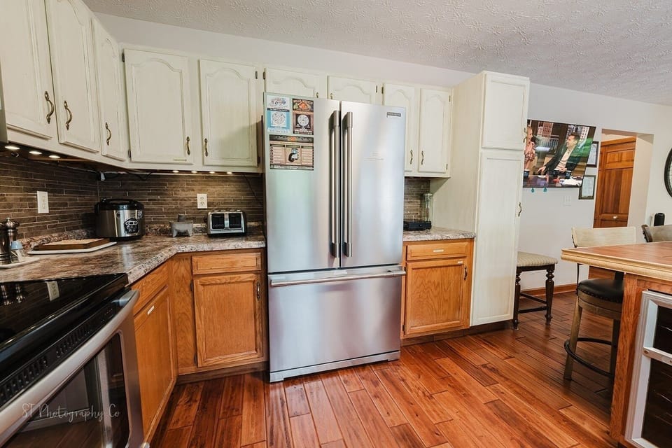 Indoors, Hardwood, Kitchen, Refrigerator, Stained Wood