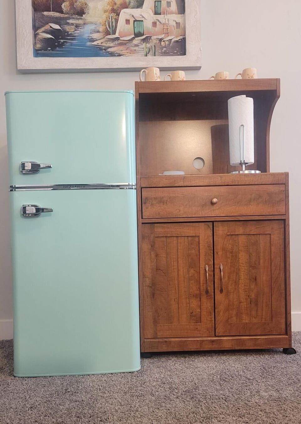 Mini retro fridge and coffee stand