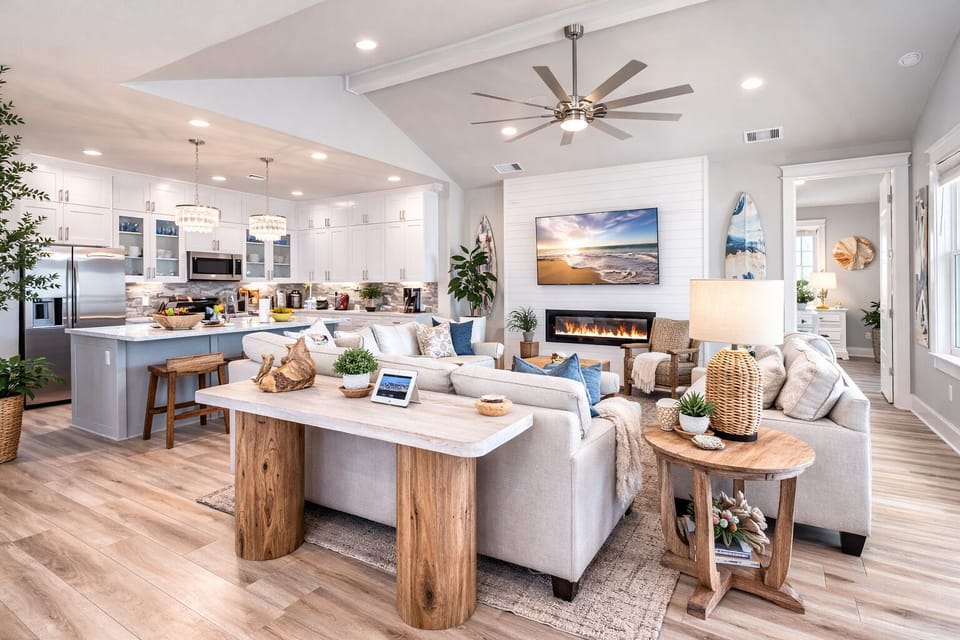 Bright open-concept living room with modern coastal décor, large sectional sofa, fireplace, and panoramic windows in this luxury Galveston beach house rental.