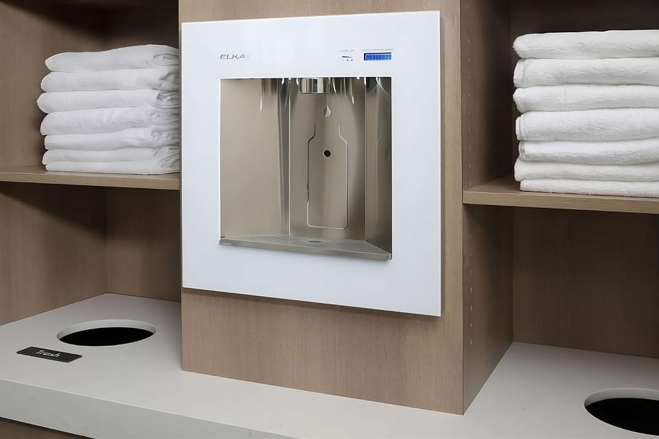 Refresh easily with clean towels and handy hydration station nearby.