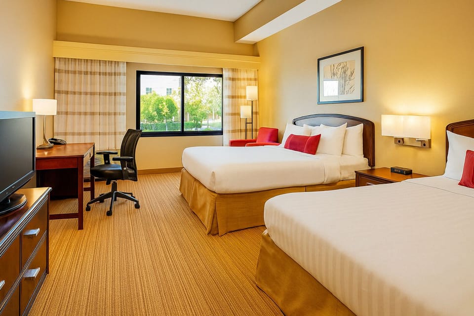 Unwind in bright double-queen comfort with leafy window views.