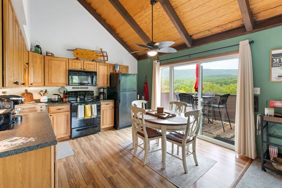 Open concept kitchen with mountain views