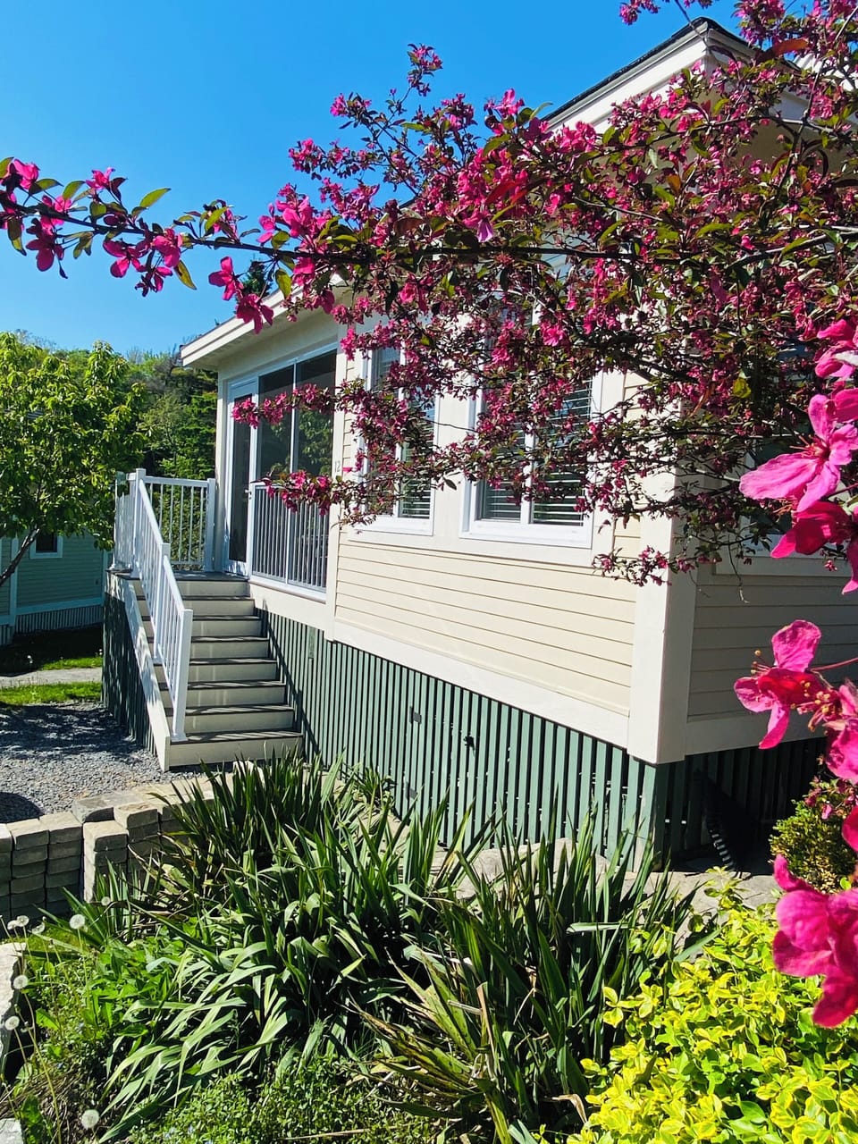Cottage exterior with beautifully landscaped garden and patio