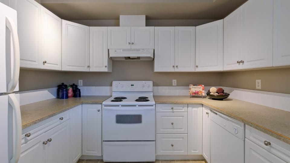 The kitchen has a stove, microwave, full-fridge, and dishwasher