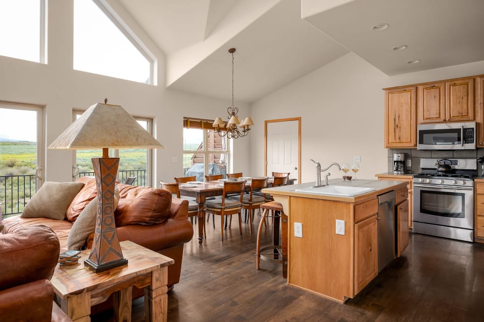 Kitchen and Living area featuring vaulted ceilings