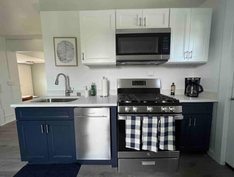 Kitchen has gas stove/oven, dishwasher, microwave, and full fridge and freezer.