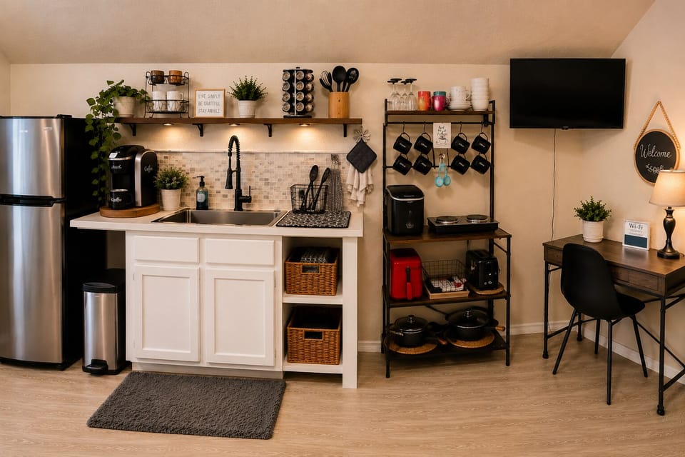 Kitchenette with full sized fridge, keurig coffee maker, toaster and 2 burner