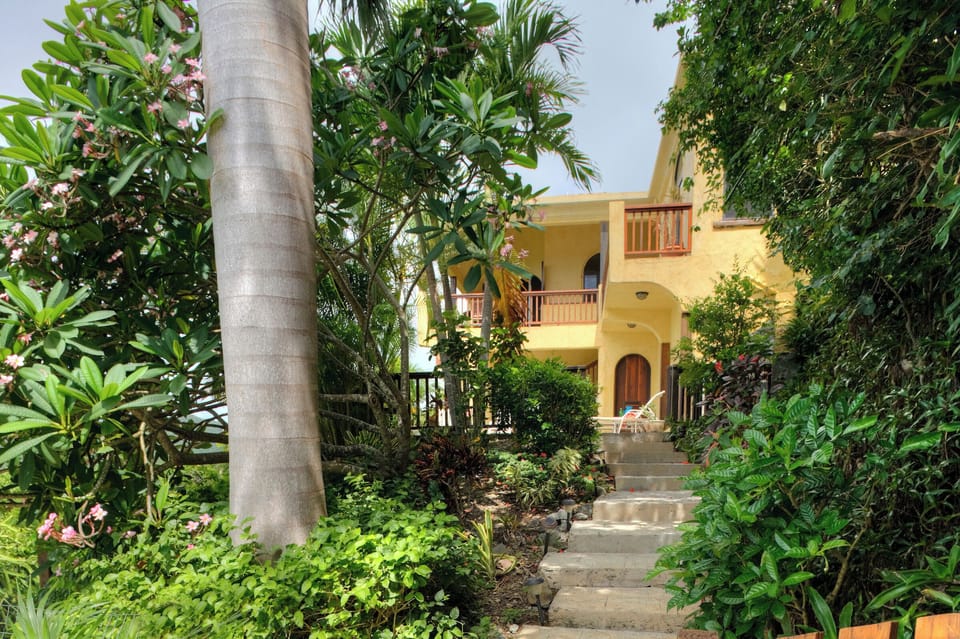 Stairs from parking area to pool level