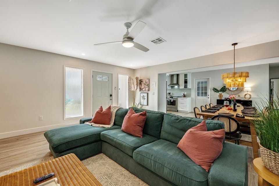 Soft, ambient lighting complements the natural daylight during the day and transforms the living area into a cozy retreat at night.