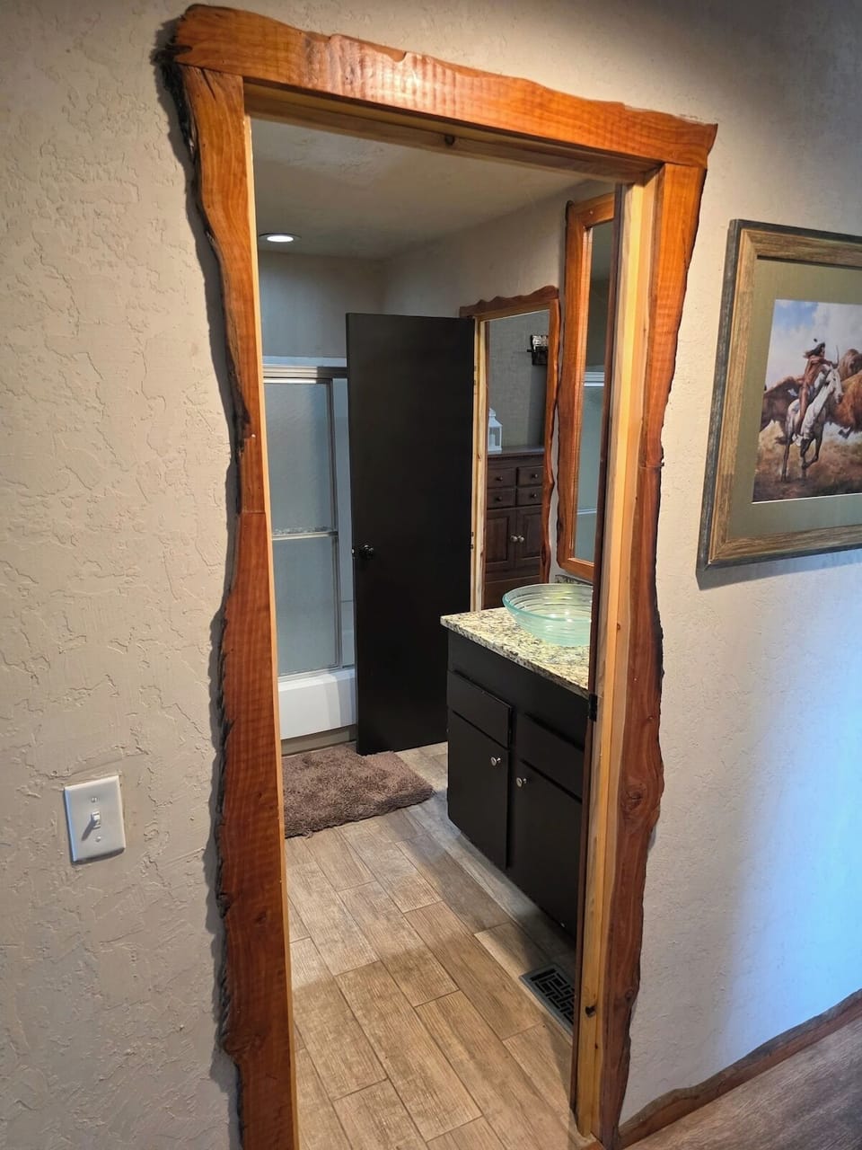 Second vanity with hair dryer.