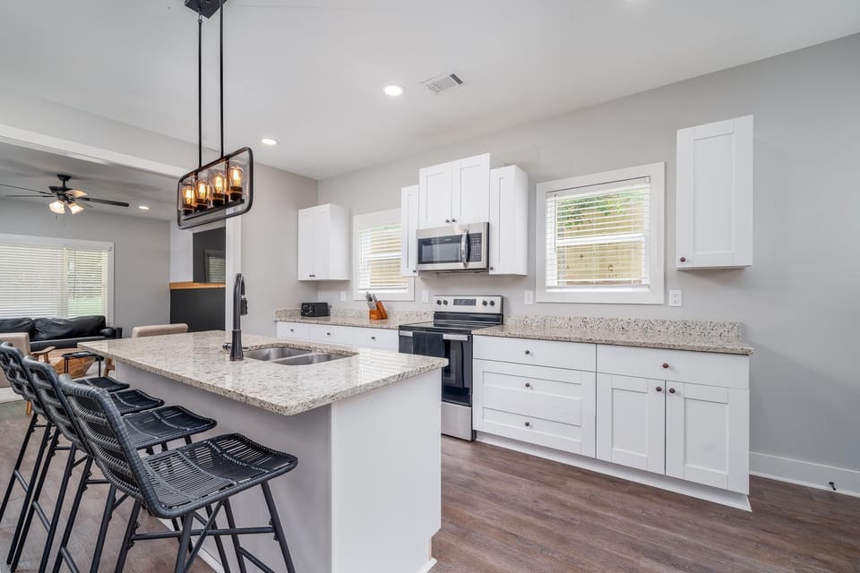 Fully stocked kitchen with large island