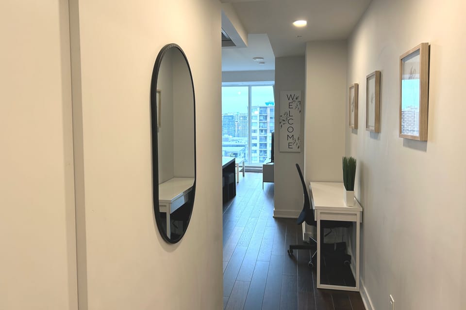 A modern and comfortable apartment with a stunning city view.