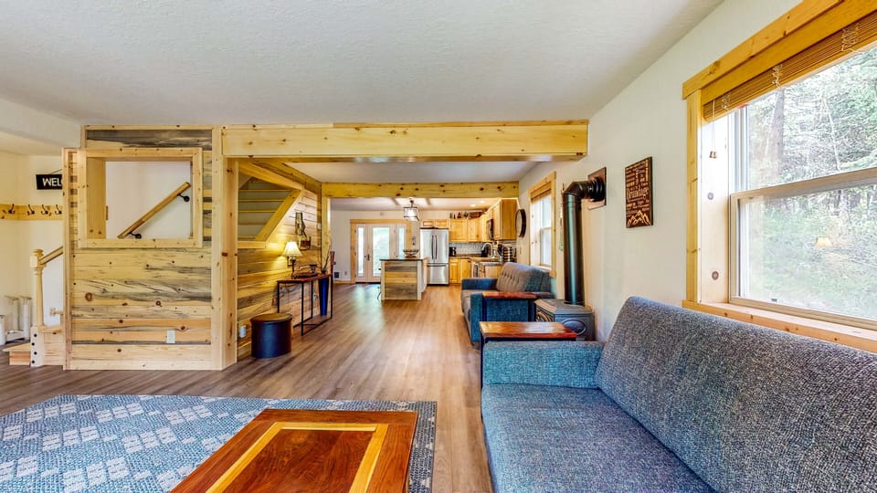 Living area with the kitchen in the background