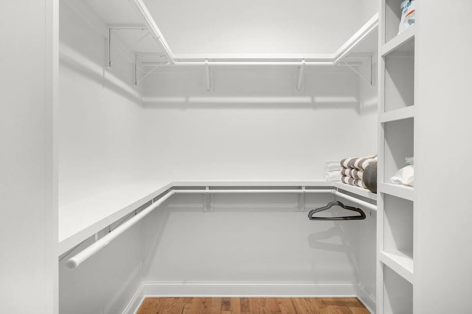 Large master closet has doors that open to master bath and laundry room. Big enough for a pack and play, which we provide. We also have a high chair seat for our tiny guests.